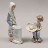 Lote de 2 figuras decorativas. España. Ca. 1970 y 2000 En porcelana Lladró. Consta de: Dama con alcatraces y niña con aves.