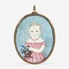 American School 19th century Portrait Miniature of a Young Girl in a Pink Dress Holding a Basket of Flowers