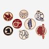 Eight flocked warming jacket patches for baseball, football, and hockey first half 20th century