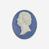 A Wedgwood & Bentley blue and white Jaspwerware portrait medallion of Benjamin Franklin (1706-1790) Designed by William Hackwood, Etruria, Staffordshi