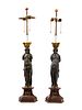 A Pair of French Neoclassical Gilt and Patinated Bronze Figural Lamps After Jean Goujon 