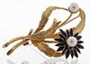 18K Yellow Gold Pearl & Enamel Floral Brooch