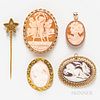 Four 14kt Gold and Shell Cameo Items