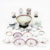 Group of Chinese Export Porcelain Bowls, Cups, Plates, and a Wooden Stand