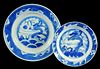 A CHINESE BLUE AND WHITE SMALL PLATE, KANGXI AND A CHINESE BLUE AND WHITE PLATE, C1770  painted with