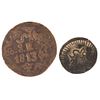 Morelos y Pavón, José María. 2 y 8 Reales "SUD". México, 1813. Monedas en cobre, 22 y 35 mm. 12.1 y 22.7 gr.  Piezas: 2.