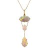 An opal pendant. The pear-shape opal cabochon, suspended from a belcher-link chain, to the oval opal