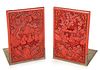 PAIR OF CHINESE CARVED CINNABAR LACQUER PANELS, 18TH-19TH CENTURY, MOUNTED AS BOOKENDS