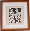 Woodblock Print on Rice Paper, Two Abstract Women