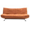 Sofá - cama. Siglo XX. Estructura de madera. Con respaldo y asiento en tapicería color naranja. Soportes metálicos semi curvos.