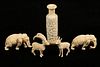 (4) 19TH C. CARVED AFRICAN ANIMALS & A CHINESE IVORY SNUFF BOTTLE