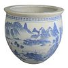 Chinese Blue and White Planter having mountainous landscape decoration, height 14 1/2 inches, diameter 16 inches.