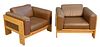 Pair of Tobia Scarpa Lounge Chairs having oak frame with brown vinyl cushions, width 36 inches, depth 31 inches.