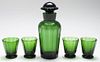 Green Glass Decanter & Cordial Set, 5 Pieces