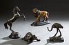 Group of Four Patinated Bronze Animalier Figures, 20th/21st c., consisting of a turtle; an ostrich on a marble base; a rearing horse on a marble base;