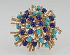 Lady's Vintage 18K Yellow Gold "Sputnik" Brooch, mounted with thirteen seven point round diamonds, thirteen oval cabochon turquoise stones, and sevent