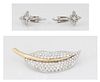Vintage 18K Yellow and White Gold Leaf Brooch, mounted with numerous small diamonds; together with a pair of diminutive white gold clip earrings with 