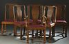 Set of Six (5 +1) Carved Oak Dining Chairs, early 20th c., the arched canted crest rail over a canted back splat to trapezoidal slip seats, on turned 