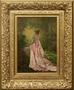 French School, "Lady in Pink with Butterflies," late 19th c., oil on board, signed indistinctly lower right, presented in a gilt frame, H.- 13 5/8 in.