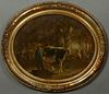 Continental School, "Milking the Cow," 1857, oil on canvas, signed indistinctly and dated lower right, presented in an oval gilt frame, H.- 14 in., W.