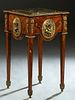 Louis XVI Style Gilt Bronze Mounted Carved Mahogany Marble Top Side Table, 20th c., the top with an inset highly figured green marble over a frieze dr