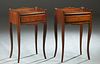 Pair of French Louis XV Style Carved Mahogany Nightstands, early 20th c., the 3/4 galleried top over a frieze drawer, on square tapered cabriole legs,