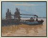 Phil Sandusky (New Orleans), "Barge Cranes," 2004, oil on canvas, signed and dated lower right, gallery labeled en verso, presented in a wood frame, H