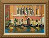 "Venetian Canal Scene," 21st c., gouache and acrylic on paper, initialed in pencil lower right, presented in a gilt frame, H.- 9 3/4 in., W.- 13 3/4 i