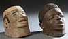 Two African Makonde Carved Wood Helmet Masks With Hair, early 20th c., H.- 10 in., W.- 7 1/2 in., D.- 10 1/2 in., and H.- 9 in., W.- 7 1/2 in., D.- 9 