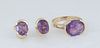 Vintage Three Piece Set of 14K Yellow Gold Jewelry, consisting of a ring with a horizontal mounted oval 3 ct. amethyst, Size 6, and a pair of clip ear
