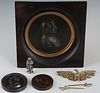 Group of Seven Napoleonic Items, consisting of a bronze medallion of Napoleon at Waterloo; an iron medallion of Napoleon as a Roman emperor; a framed 