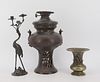 Signed Bronze Japanese Oil Lamp, Brass Vase & A