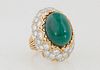 Lady's 18K Yellow Gold Dinner Ring, with an app. 11 ct. oval cabochon emerald within a gold crown mount over sloping sides with zigzag rows of round d