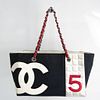 Chanel No.5 Chain Women's Leather,Canvas Tote Bag Navy,Red Color,Silver,White BF529239