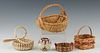 Group of Five Native American Objects, consisting of a Gullah small market basket; a small Seminole coiled pine basket; a medicine ball made with dyed