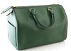 Louis Vuitton Speedy Green Epi Calf Leather 25 Handbag, with black stitching and golden brass hardware, opening to a green suede interior with a black
