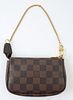 Louis Vuitton Brown Mini Accessory Pouch, damier ebene coated canvas with a golden brass zipper and chain handle, opening to single pouch, H.- 4 in., 