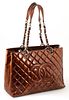 Chanel Metallic Bronze Patent Quilted Leather Grand Shopping Tote, c. 2008-2009, the straps with silver chain interlaced with metallic bronze patent l