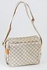 Louis Vuitton Ivory Coated Canvas Damier Azur Naviglio Shoulder Bag, the double flaps with golden snaps, opening to two side pockets lined with beige 