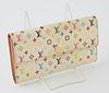 Louis Vuitton Limited Edition Murakami Sarah 6 Wallet, the white coated canvas multicolor monogram with a golden brass accent snap, opening to a card 