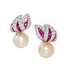 EVELYN CLOTHIER, DIAMOND, RUBY AND CULTURED SOUTH SEA PEARL EARCLIPS