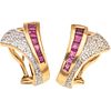 PAIR OF EARRINGS WITH RUBIES AND DIAMONDS IN 14K YELLOW GOLD 12 Square cut rubies ~0.50 ct and 28 8x8 cut diamonds ~0.18 ct