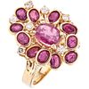 RING WITH RUBIES AND DIAMONDS IN 14K YELLOW GOLD 12 Oval cut rubies ~1.70 ct and 7 Brilliant cut diamonds~0.28ct. Size: 7 ¾