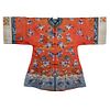 A RED-GROUND EMBROIDERED FLOWERS LADY'S ROBE