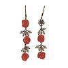 18k Gold Carved Coral Pearl Drop Earrings 
