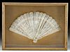 19th C. Chinese Qing Bone Brise Carved Fan in Frame