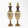 PAIR, SEVRES STYLE COBALT FLORAL URN TABLE LAMPS