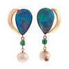 A Pair of Opal, Emerald & Pearl Earrings in 14K