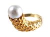14K Gold Feather Offset Pearl Ring 