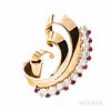 Large Retro 14kt Gold, Moonstone, and Ruby Brooch